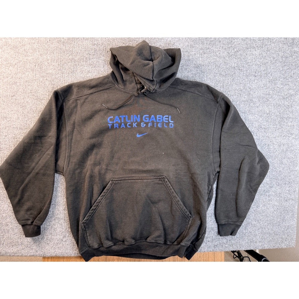Nike Hoodie Large Black Cotton Blend Graphic Track & Field Faded Y2K Pullover